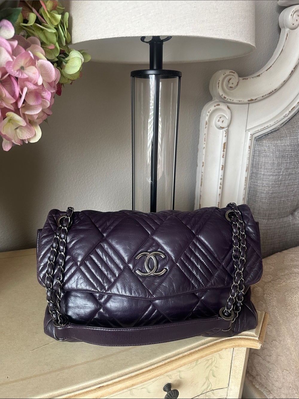 CHANEL Quilted Lambskin Flap Shoulder Bag in Deep Plum